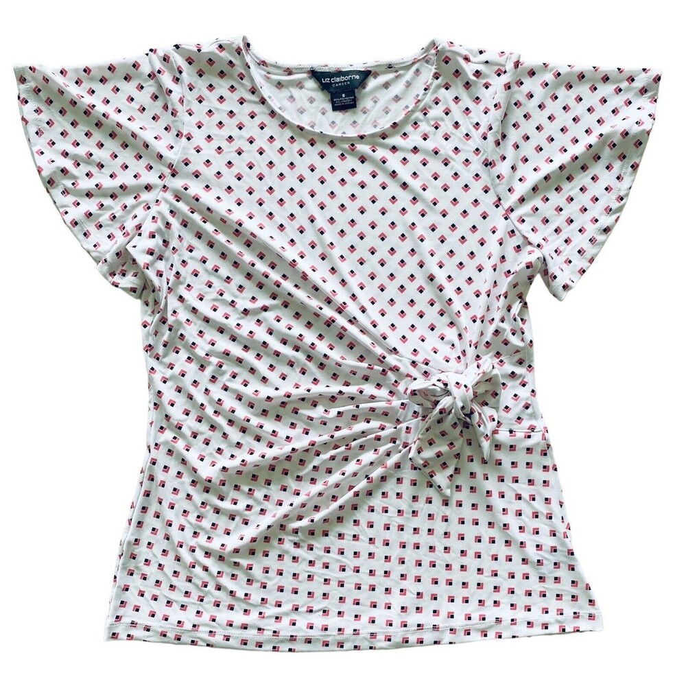 Liz Claiborne Womens Small Side Tie Blouse Geometric Print Flutter Sleeve Top